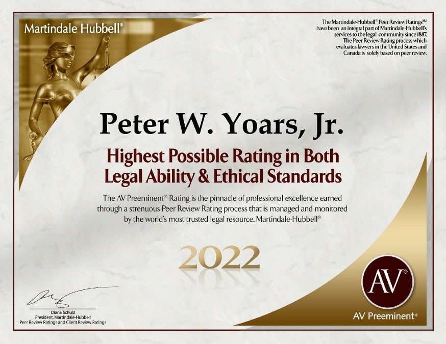 Peter W. Yoars Jr. Recognized by Martindale- Hubbell® for 10 th Year in a Row.